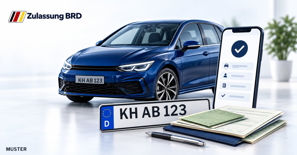 Online Fahrzeugzulassung in Kirn: Musterkennzeichen KH AB 123, Auto und Fahrzeugpapiere und Smartphone. Illustration mit Logo von Zulassung BRD.